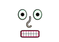 a cartoon face with green eyes and pink teeth