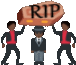 two men are carrying a coffin with the words rip on it .