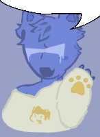 a drawing of a blue furry animal with a speech bubble above it