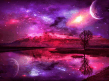 a purple galaxy with mountains in the background and a lake in the foreground