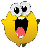 a yellow cartoon character with big eyes and a mouth open