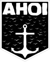 a black and white emblem with an anchor and the word ahoi