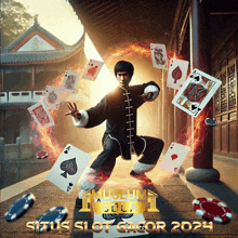 a poster for situs slot gacor 2024 shows a man surrounded by playing cards and poker chips