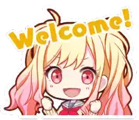 a girl with blonde hair and red eyes is holding her fists up and says welcome !