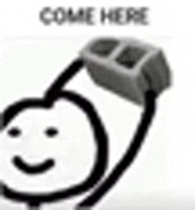 a black and white drawing of a person with a smiley face and the words `` come here '' written on it .