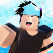 a roblox character with a blue helmet on his head is smiling