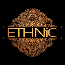 the word ethnic is on a black background with a gold design