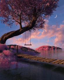 a swing hangs from a tree over a wooden bridge over a body of water