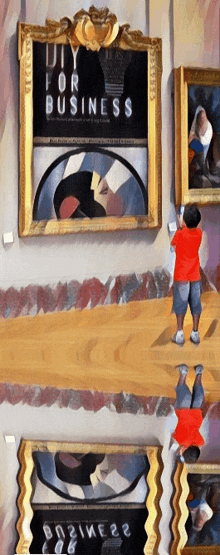 a painting of a boy looking at a framed painting that says " diy for business "