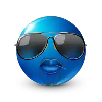 a blue smiley face with sunglasses and a cigarette in its mouth