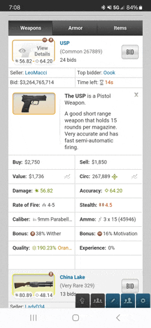 a screenshot of a weapons app showing the usp pistol