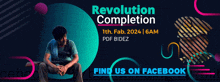 a man sits on a bench in front of a revolution completion poster