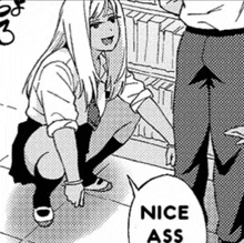 a black and white drawing of a girl squatting down next to a man and a speech bubble that says nice ass .