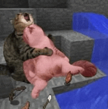 a cat is holding a pink pig in a minecraft world .