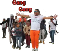 a group of people are standing in front of a white background with the words gang gang above them