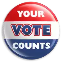 a button that says " your vote counts " in red white and blue