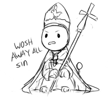 a black and white drawing of a priest with the words " wash away all sin " written on the bottom