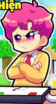 a cartoon boy with pink hair is sitting at a desk with his arms crossed .