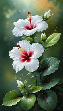 a painting of three white hibiscus flowers with red centers