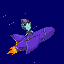 a cartoon character is riding a purple rocket in space