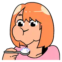 a cartoon drawing of a girl holding a spoon in her mouth