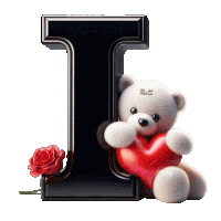 a black letter i with a teddy bear holding a red heart and a rose