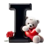 a black letter i with a teddy bear holding a red heart and a rose