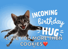 a cat is jumping in the air with the words incoming birthday hug love you more then cookies below it