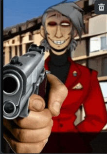 a cartoon character in a red jacket is pointing a gun at the camera