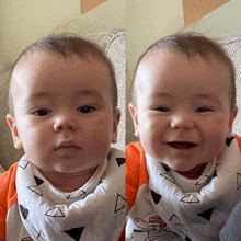 a baby wearing a bib with a zebra on it smiles for the camera