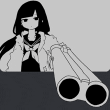 a black and white drawing of a girl holding a gun with two barrels