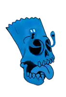 a blue bart simpson skull with a worm coming out of it 's mouth