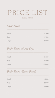 a price list for a tattoo salon includes pricing for face tatoo and body tatoo