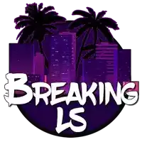 a logo for breaking ls shows a city skyline with palm trees