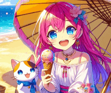 a girl with pink hair and blue eyes is holding an ice cream cone next to a cat