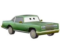 a green car with two holes in the windshield and a white background