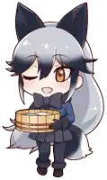 a cartoon drawing of a fox girl holding a wooden bucket