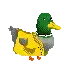 a pixel art of a duck wearing a yellow jacket and a green head .