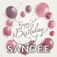 a happy birthday card for sandee with pink and purple balloons