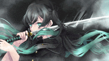 a girl with long black hair holding a sword