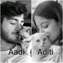 a black and white photo of a man and a woman holding a kitten with the names aadi and aditi on them