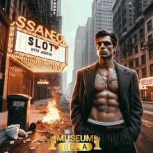 a shirtless man stands in front of a sign that says slot