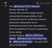 a screenshot of a conversation between zulu 00 bruce waven and yankee 01 fin heesom