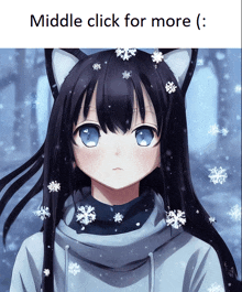 a picture of a girl with snowflakes on her hair and the words " middle click for more " below it