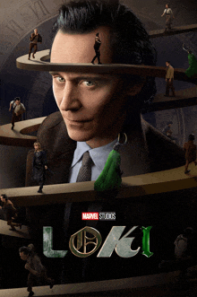 a poster for marvel studios ' loki features a man in a suit and tie