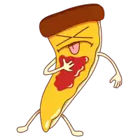 a cartoon drawing of a slice of pizza with arms and legs sticking out its tongue