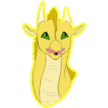 a cartoon drawing of a yellow dragon with green eyes and horns .