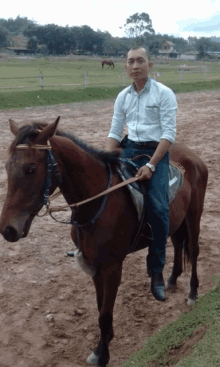 a man is riding a brown horse in a field