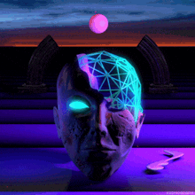 a statue of a man 's face with glowing eyes and a purple background by kidmograph