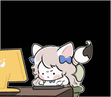 a cartoon drawing of a cat sitting in front of a computer monitor